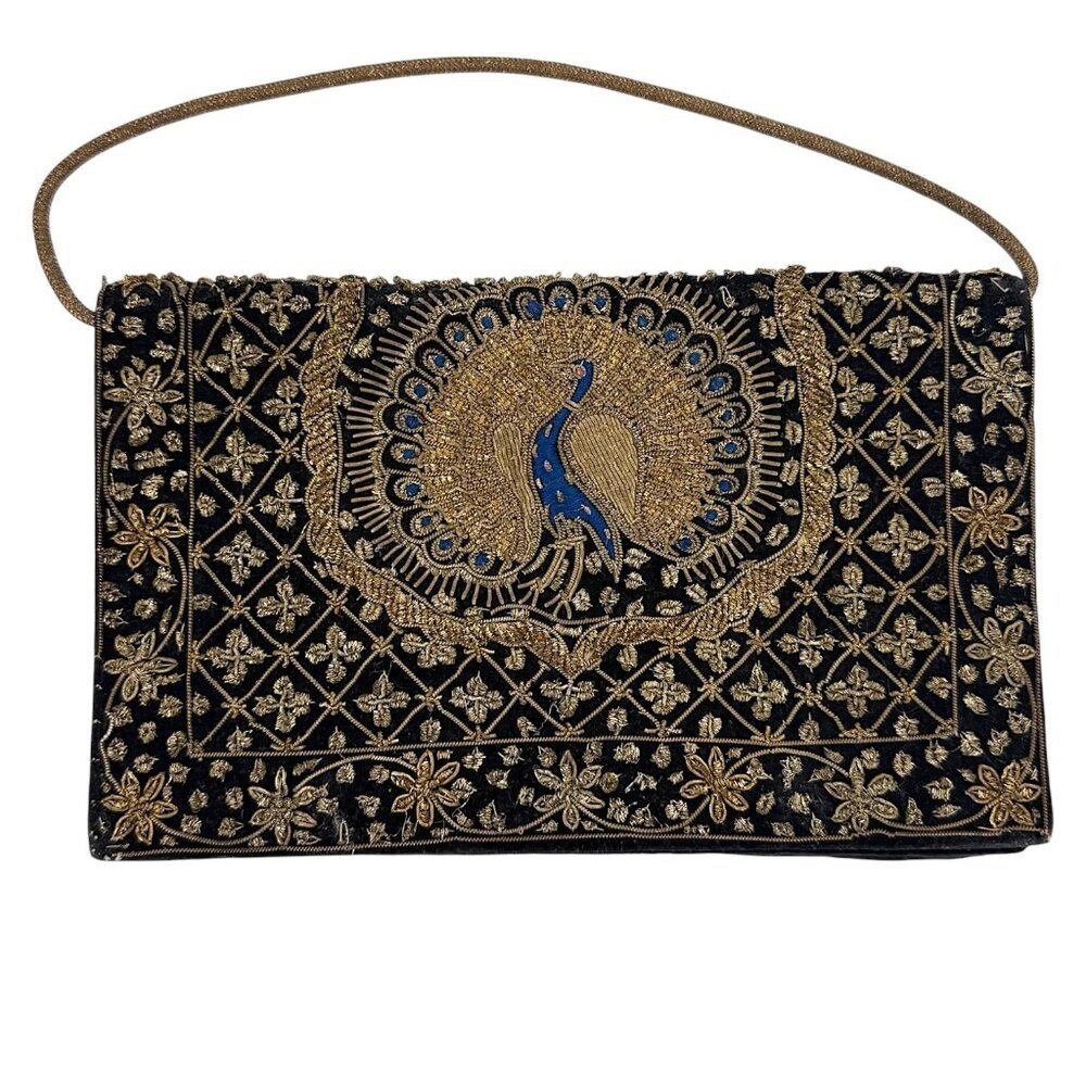 Vintage Black Velvet Peacock Gold Embroidered Beaded Floral Evening Bag Clutch - Picture 6 of 16